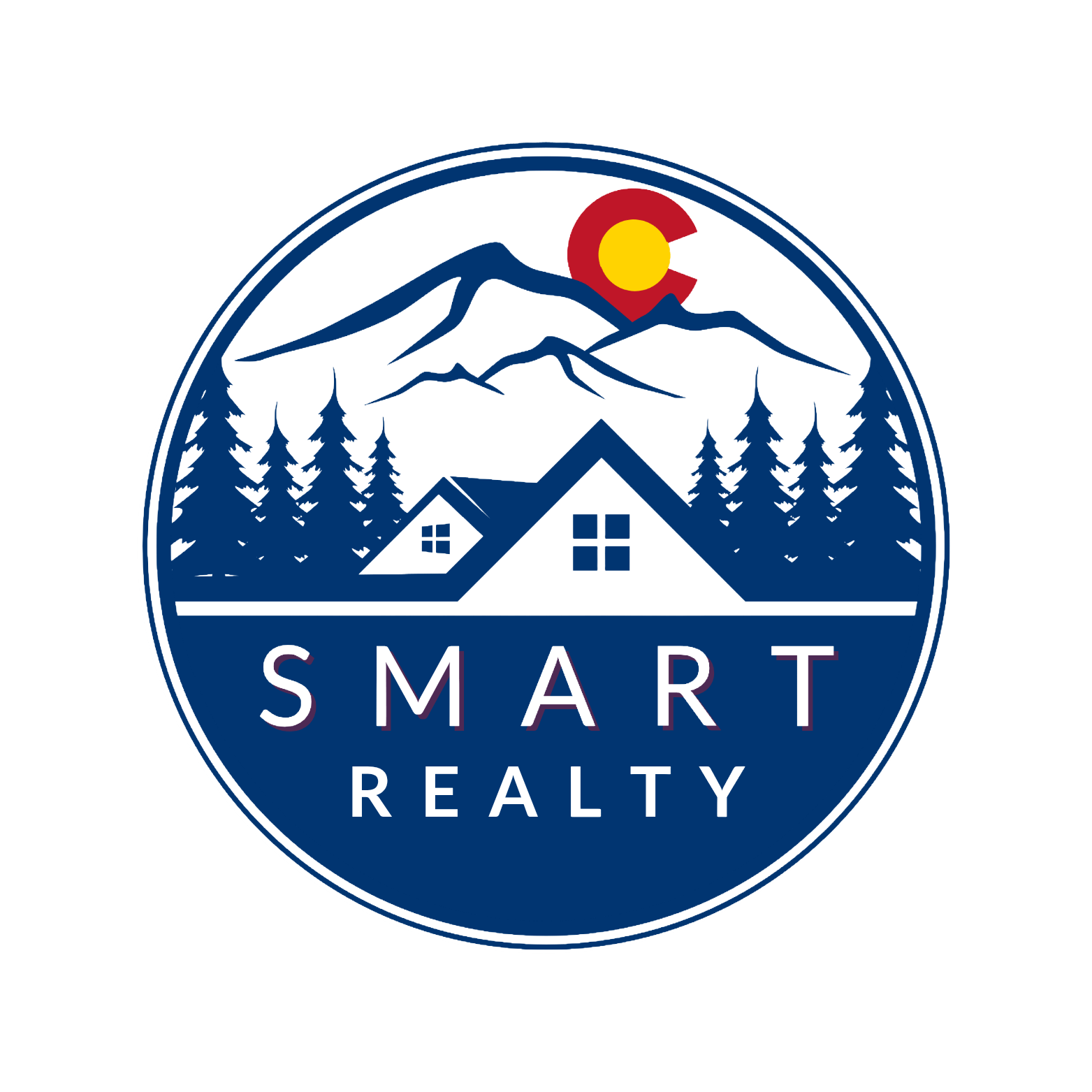 The image is a logo for Smart Realty, featuring a house, trees, mountains, and a sun.